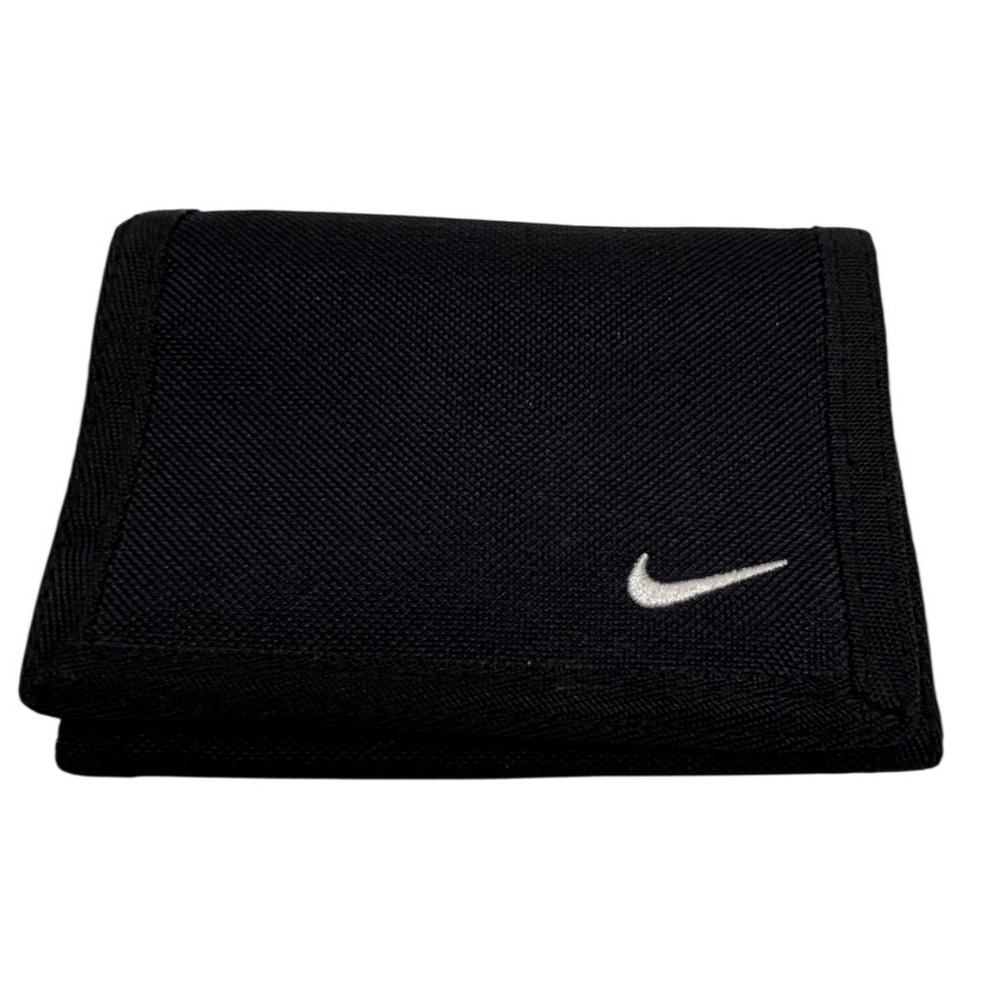 Nike Mens Trifold Wallet Black Embroidered Swoosh Hook & Loop Zip Card Holder